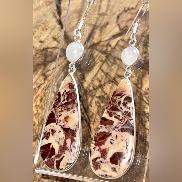 Coconut Jasper & Rainbow Moonstone Earrings 2 1/2” - Picture 6 of 14